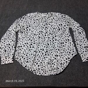 Peyton Jensen Blouse Women Sz SX White Dalmatian Spotted Lightweight Collared V